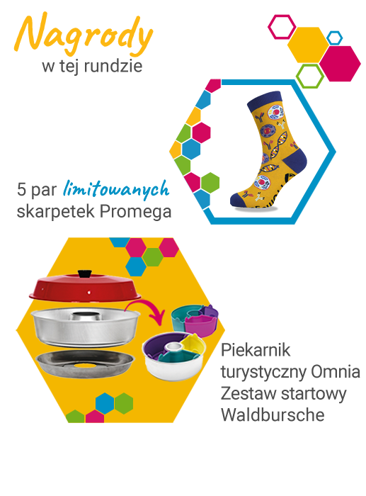 Nagrody w tej rundzie konkursu Genomic Essentials: 5 par limitowanych skarpetek Promega i jako nagroda główna piekarnik turystyczny Omnia Zestaw startowy Waldbursche