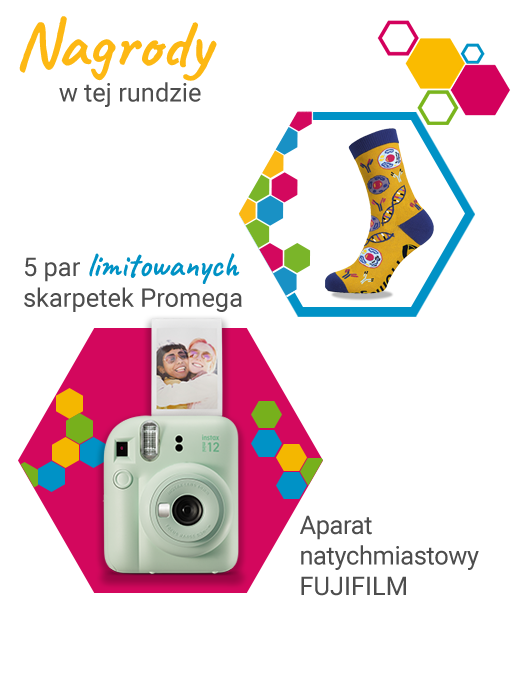 Grafika z informacją o nagrodach: 5 limitowanych par skarpet Promega oraz aparat natychmiastowy FUJIFILM