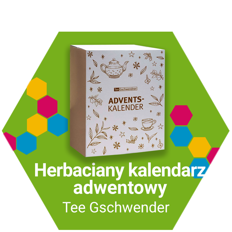 Grafika przedstawiająca herbaciany kalendarz adwentowy Tee Gschwendner, pokazany na zielonym tle z kolorowymi elementami w kształcie sześciokątów.