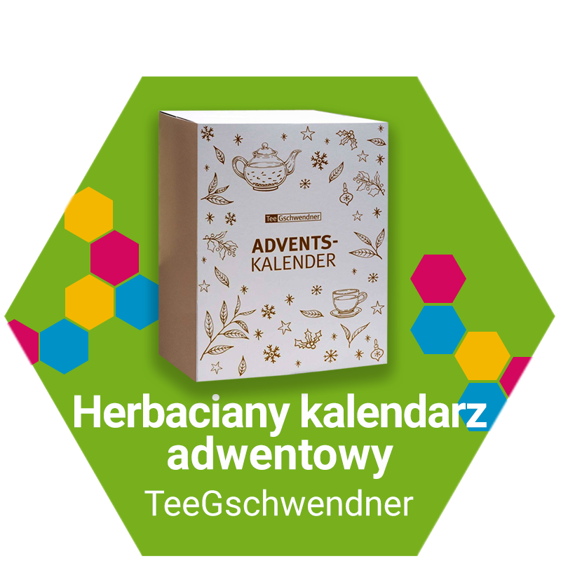 Grafika przedstawiająca herbaciany kalendarz adwentowy Tee Gschwendner, pokazany na zielonym tle z kolorowymi elementami w kształcie sześciokątów.