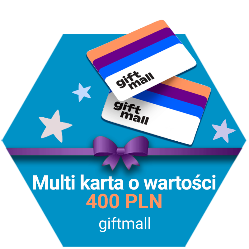 Grafika przedstawiająca kartę podarunkową giftmall o wartości 400 PLN, umieszczoną na niebieskim tle z motywem gwiazdek i dekoracyjną wstążką.