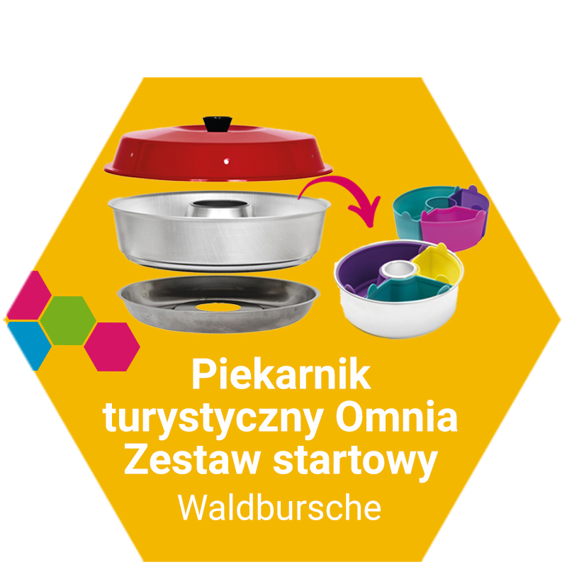Grafika przedstawiająca turystyczny piekarnik Omnia – zestaw startowy marki Waldbursche, pokazany na żółtym tle z kolorowymi elementami w kształcie sześciokątów.