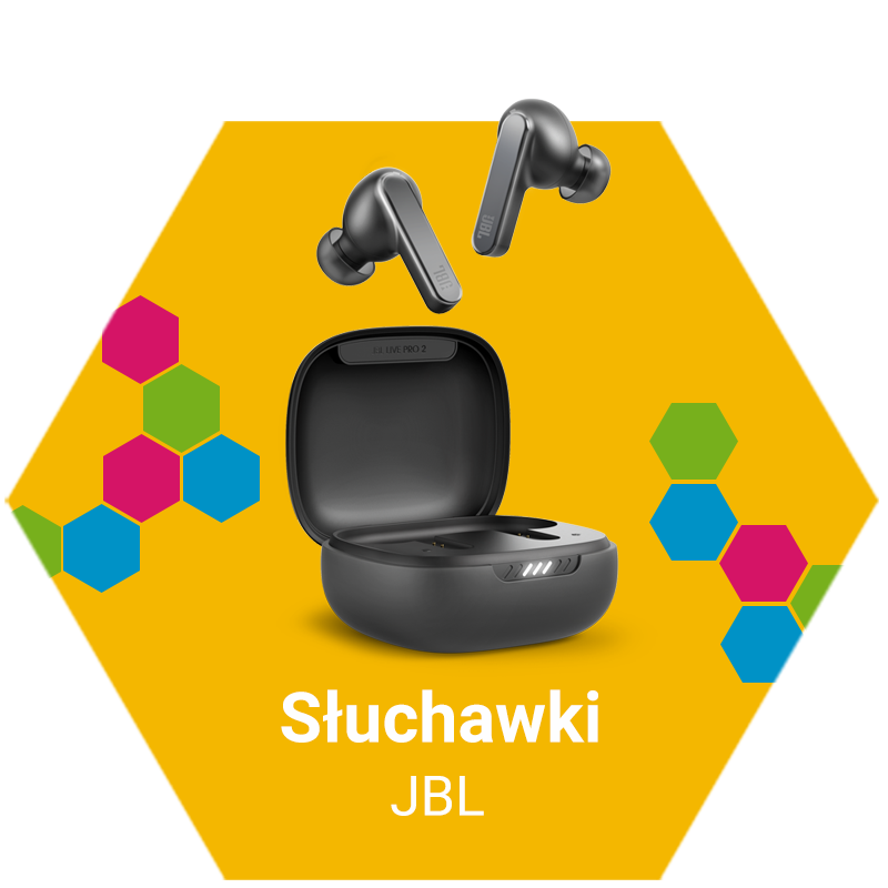 Grafika przedstawiająca bezprzewodowe słuchawki JBL z etui ładującym, pokazane na żółtym tle z kolorowymi elementami w kształcie sześciokątów.